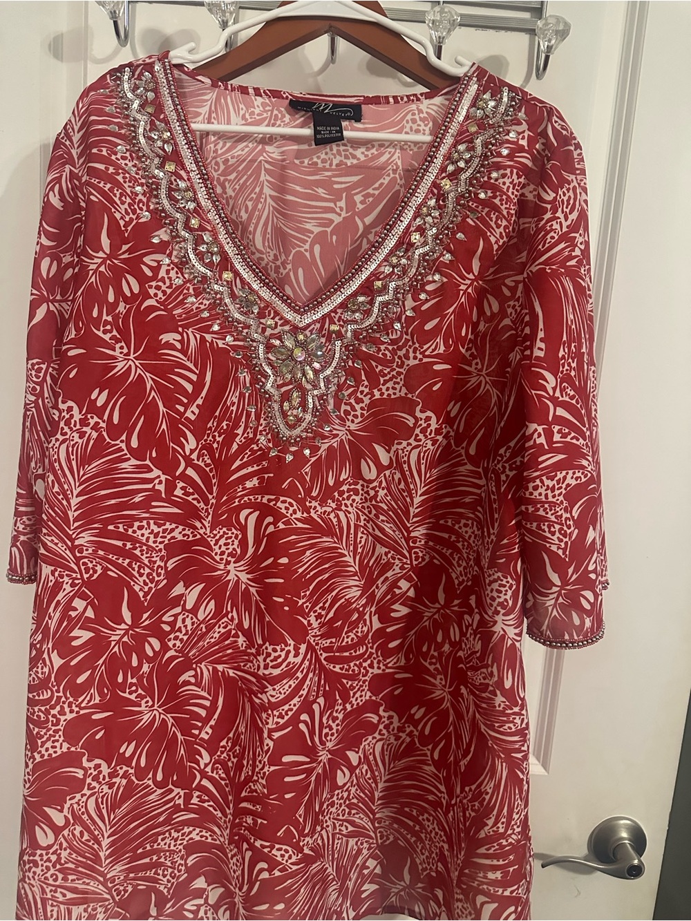 Red and White V-Neck Embellished Tunic